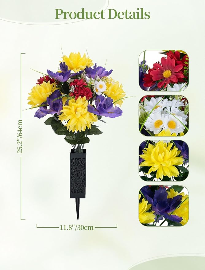 Artificial Memorial Flowers for Cemetery: 2 Pcs Cemetery Flowers for Grave Decorations - Realistic Yellow Mums Purple Iris Bouquets with Vases for Gravisite Outdoor