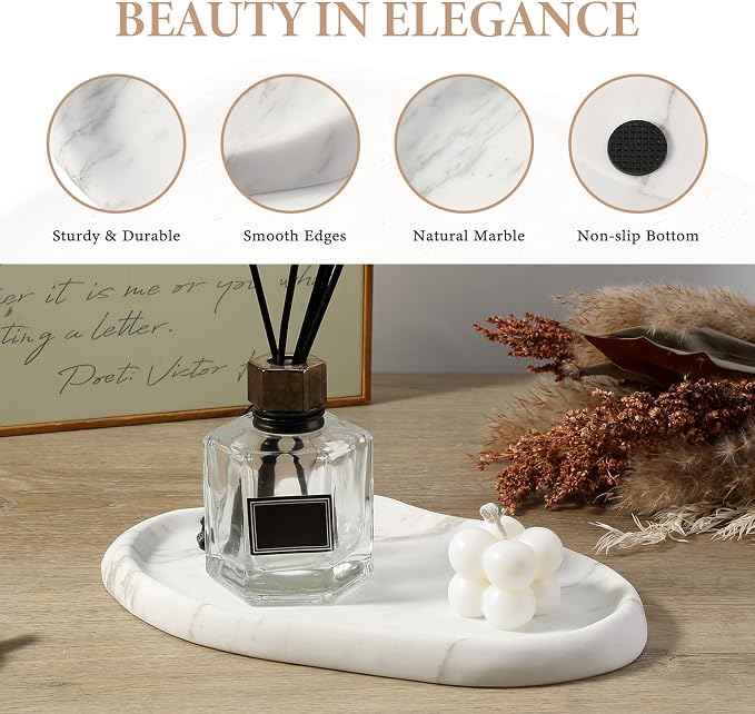 Koville Luxurious Natural White Marble Vanity Tray, Cloud Shape Serving Stone Key Tray for Home Decor, 10" x 7" Marble Storage Trays for Bathroom, Stone Plate Holder for Perfume, Candle and Jewelry