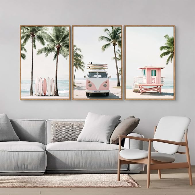 KYLESONLIE Tropical Beach Themed Framed Canvas Wall Art, Pastel Girly Surfboard Wall Decor, Relaxing Hawaii Palm Tree Posters, Coastal Beachy Art Paintings for Girls Bedroom Living Room Dorm 24"x36"x3