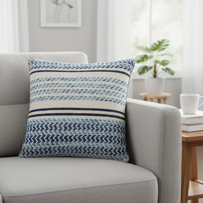 REDEARTH · Boho Textured Throw Pillow Cushion Covers - Woven Tufted Decorative Farmhouse Cases Set for Couch - Bed - Chair - Dining - Patio - Outdoor - 100% Cotton (18"x18" - Indigo Natural) Pack of 2