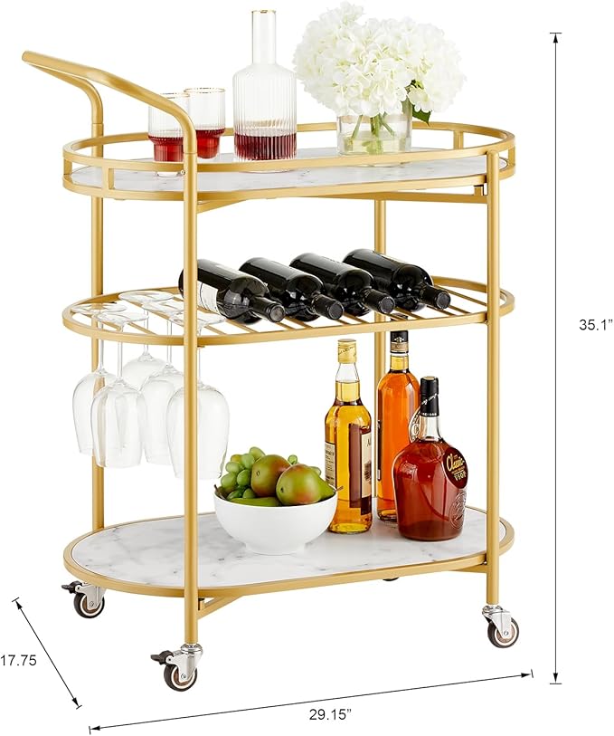 Square Gold Bar Carts with 3 Tier Storage Shelves Holder Home and Rotating Wheels for Home Kitchen, Bar, Dinning Room and Living Room, Easy Assembly