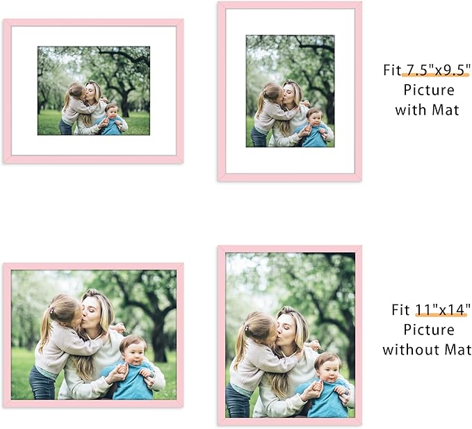 Picrit 11x14 Picture Frame Set of 12, Display 8x10 with Mat or 11x14 without Mat, Photo Frames for Wall Mounting or Table Top Display, Pink