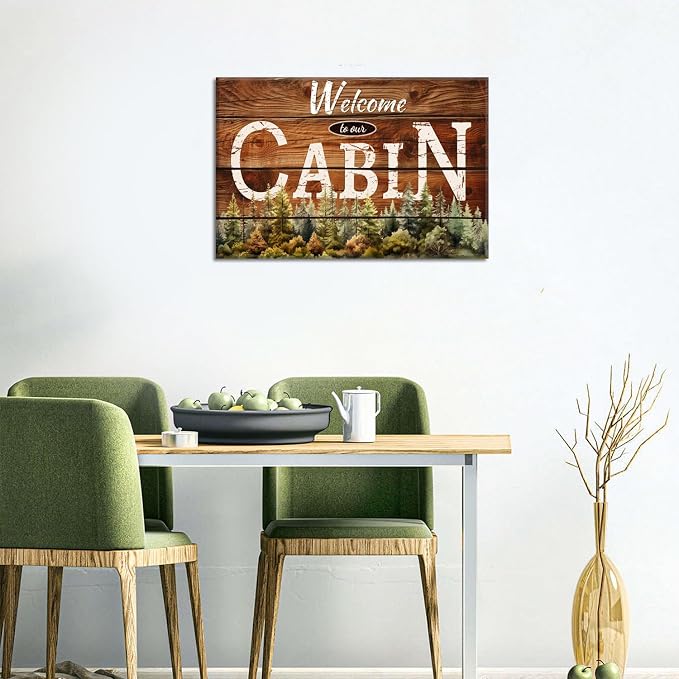 Vintage Cabin Wall Decor Brown Welcome to Ours Wall Art Rustic Cabin Decorations for Home Country Style Nature Forest Canvas Framed Artwork Living Room Bedroom Porch Entryway Lodge Decorative 16x24