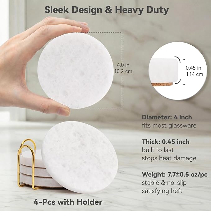 Pure White Marble Coasters Set of 4 with Holder, Icy Crystal Coasters for Coffee Table, 4 Inch Polished White Stone Coaster with Sparkling Texture – Heat Resistant, Non-Slip, Housewarming Gift