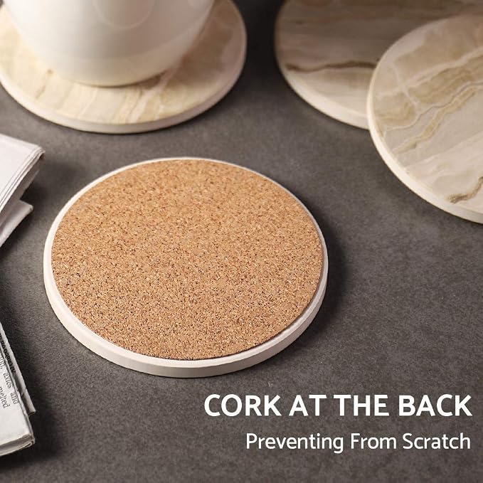 LIFVER Drink Coasters 6 Pieces Ceramic, Absorbent Coasters for Drinks,Stone Style Coaster Set with Cork Base for Wooden Table,Housewarming Gift for Friend