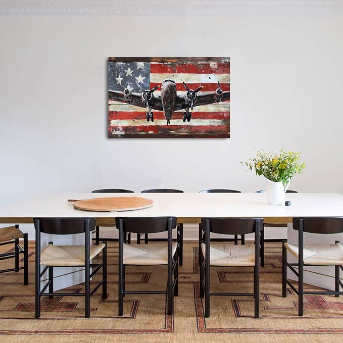 Black and White Plane Wall Art Turbine Fighter Aircraft Pictures Canvas Prints Living Room Vintage Modern Airplane Painting Framed Artwork for Office Home Decorations Rustic USA Flag Posters 24x36