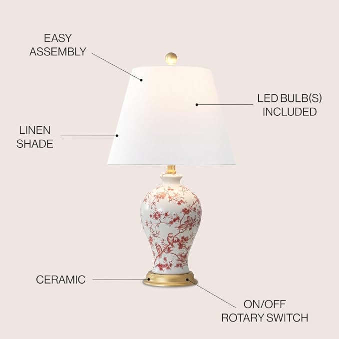 JONATHAN Y 24" White/Red French Country Ceramic Floral Urn Table Lamp, White Linen Shade, Chinoiserie Ginger Jar Bedside Lamp for Living Room Bedroom, LED Bulb (JYL3009C)