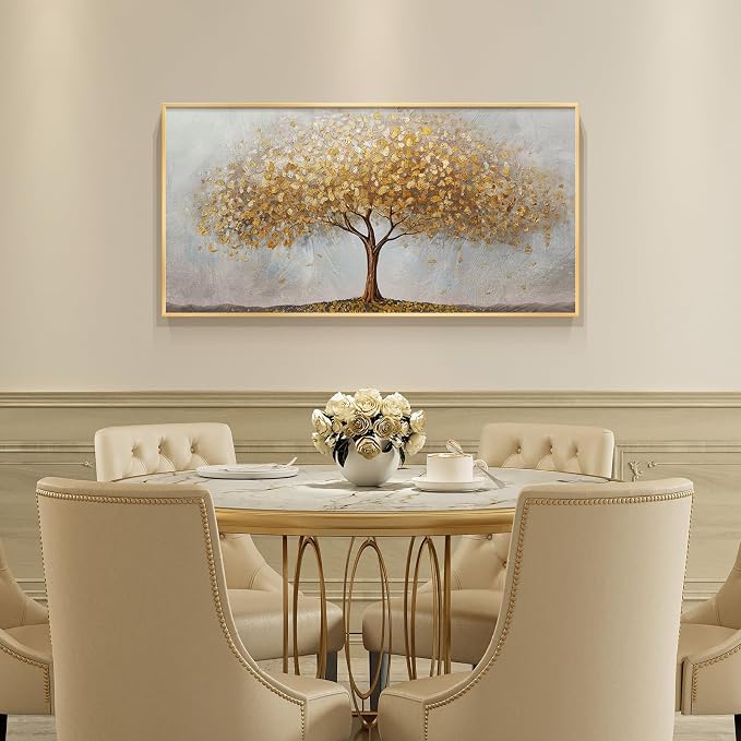 Large Framed Tree of Life Gold Wall Art, Large Canvas Prints Paintings Artwork for Walls, Modern Luxury Golden Big Tree Pictures for Living Room Fireplace Bedroom Kitchen Dining Room Office Wall Decor