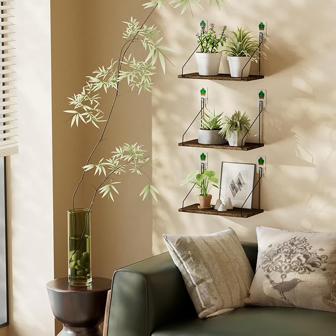 QsQueen Elevate Your Space with Rustic Wood Floating Shelves Set of 3- Perfect for Bedroom, Living Room, Bathroom, and Kitchen Decor - Easy Installation, No Drilling Needed! Brown