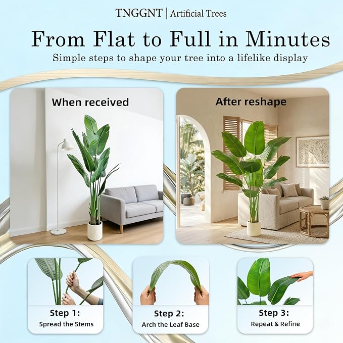 Artificial Bird of Paradise Plant：5FT Fake Traveler’s Palm Faux Banana Tree Elephant Ear Leaf Tall Silk Floor Plant in White Pot for Home Decor Indoor Office Entryway Balcony Patio café Hotel