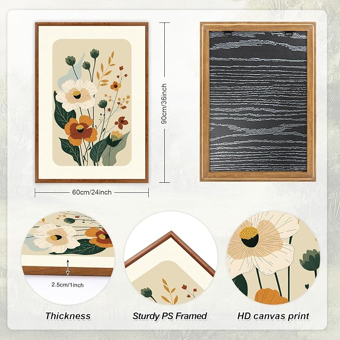 LHIUEM Boho Floral Botanical Framed Canvas Wall Art Set,Abstract Vintage Beige Wall Decor,Minimalist Wildflowers Artwork for Living Room,Bedroom,Dining Room,Office -24"x36"x3