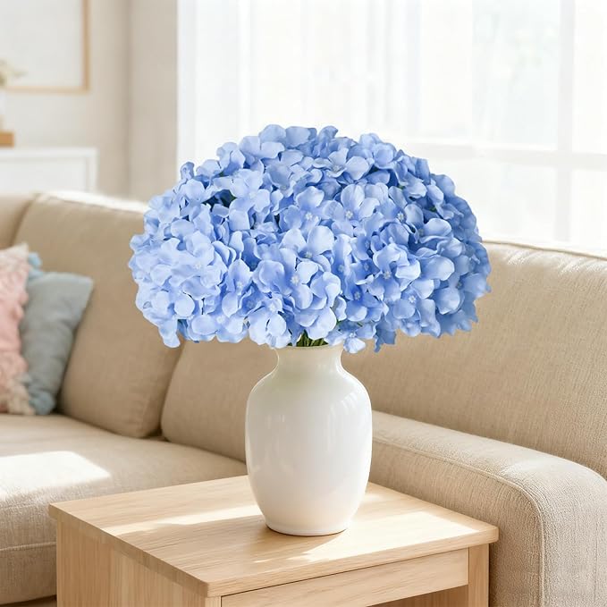 65Pcs Blue Hydrangea Artificial Flowers Bulk，Realistic Silk Fake Flowers with Stems，Faux Hydrangea Flowers for Wedding Home Decor Centerpieces Living Room Garden Party Baby Shower Decoration