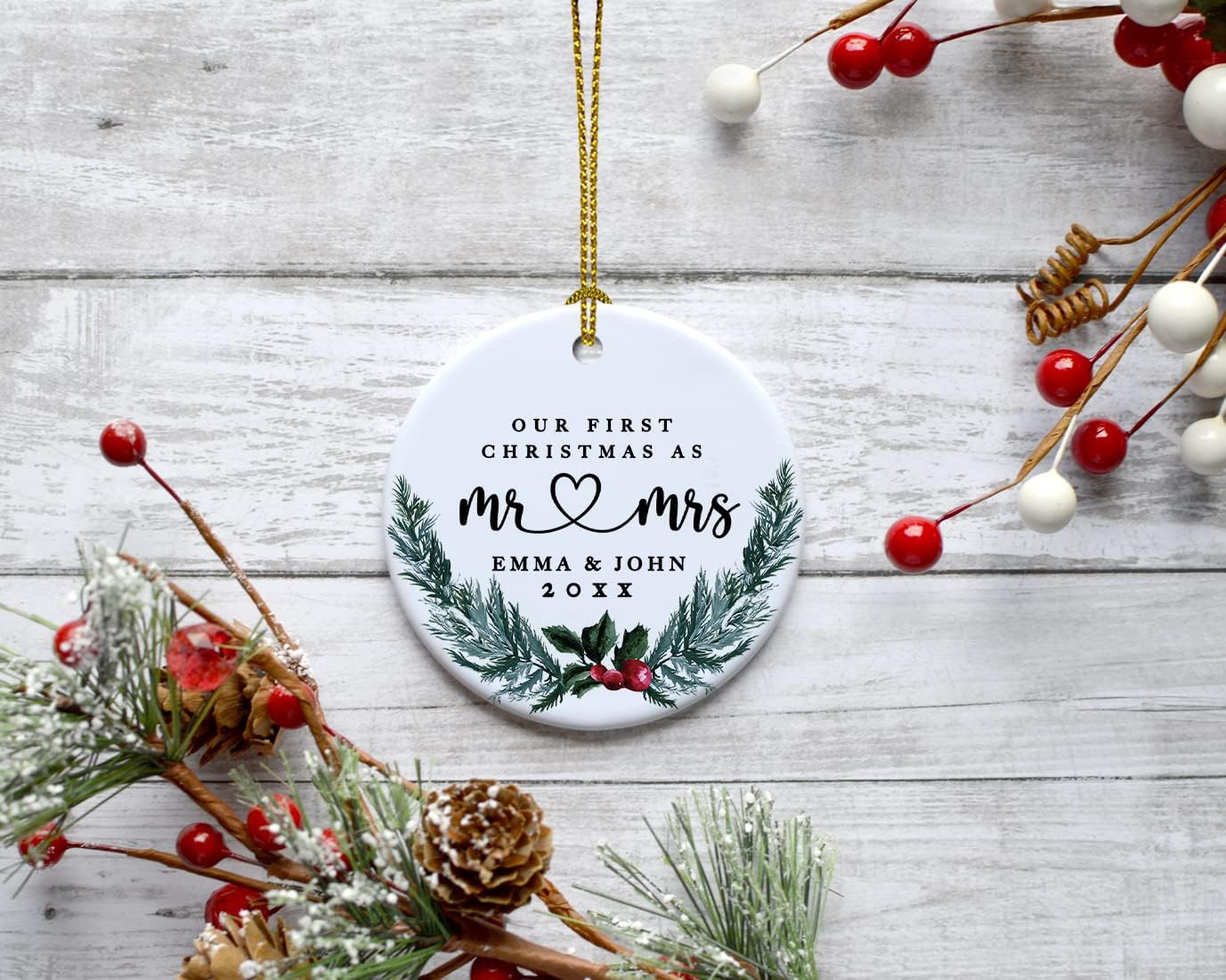 Andaz Press Personalized Our First Christmas As Mr. & Mrs. Christmas Ornaments Holly & Pine Wreath 2.8" Round Porcelain Ceramic Custom 1St Year Married Christmas Ornament 2024 for Newlyweds 1-Pack