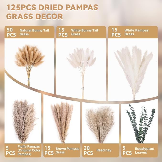 125Pcs Natural Dried Pampas Grass Decor 7 Types Dried Flowers for Vase Boho Pampas Bouquet, Farmhouse Decor Wedding Valentine Day Centerpiece for Table and Home Decoration 17''