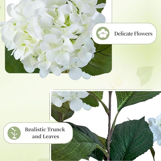 2pcs Artificial Hydrangea Artificial Trees 3ft Faux Hydrangeas Flower Tree with Pot for Front Porch Planters Decoration Outdoor Fake Silk Floral Plant for Home Patio Entrance Decor Indoor, White