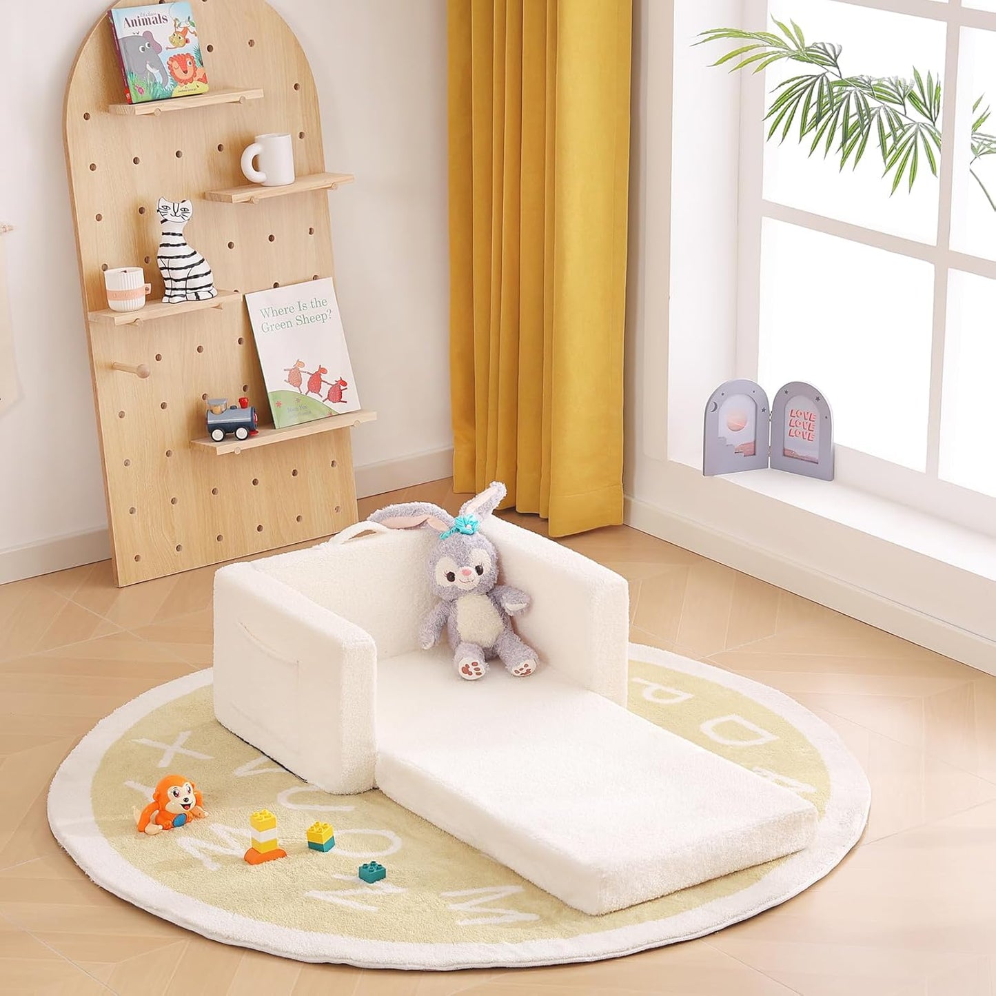 Toddler Chair Sherpa Kids Couch, 2-in-1 Soft Kids Sofa Lounger for Bedroom, Convertible Couch for Girls and Boys, Reading Chair, Beige