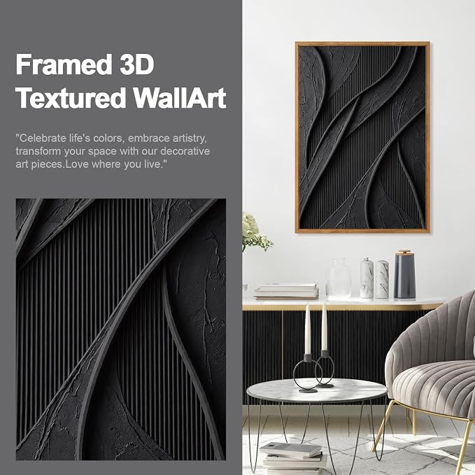 CHDITB 3D Impasto Relief Framed Canvas Wall Art Set, Black White Abstract Curve Geometric Minimalist Wall Decor, Modern Textured Art Prints for Living Room Hallway Bedroom Home Wall Decor 16"x24"x3