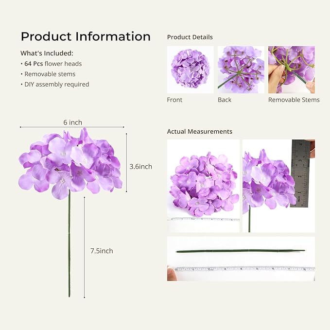 Auihiay 64pcs Hydrangea Artificial Flowers, Purple Artificial Hydrangea Flowers, Silk Hydrangea Heads with Stems for Garden, Home Party Baby Shower DIY Wedding Centerpiece (Purple)