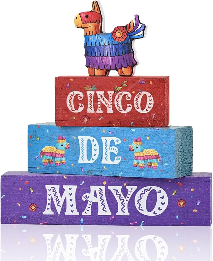 Smile Cinco De Mayo Wooden Block Stack with Piñata Llama Decor, Mexican Fiesta Tiered Tray Tabletop Sign for Cinco De Mayo Party Decorations