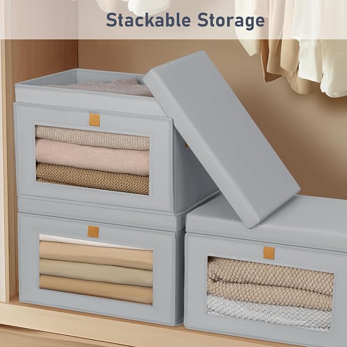 Homsorout Large Storage Bins with Lids - Fabric Collapsible Closet Storage Organizer with Window & Handles, Stackable Decorative Storage Boxes for Clothes, Blankets, Sweaters, 6 Pack, Grey