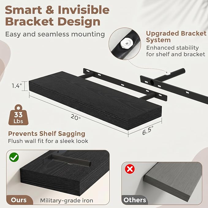 Venusmiles Floating Shelves for Wall, 20 Inch Floating Shelves Set of 2, 6.5" D Wooden Wall Mounted Display Shelves with Invisible Brackets for Living Room, Bedroom, Bathroom, Kitchen Decor, Black