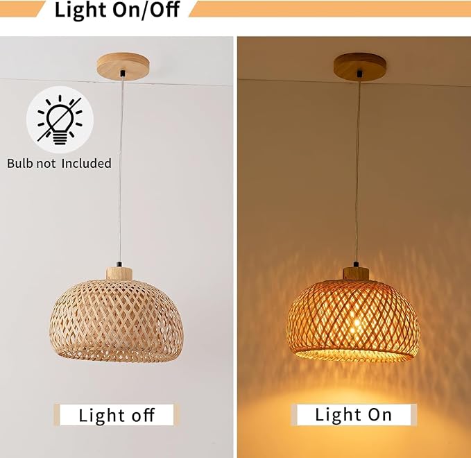 18inch Bamboo Rattan Pendant Lights, Hand-Woven Wicker Boho Hanging Ceiling Lights Fixture, Beige Pendant Lamp Rustic Farmhouse Chandelier for Kitchen Island, Dining Room, Bedroom, Living Room