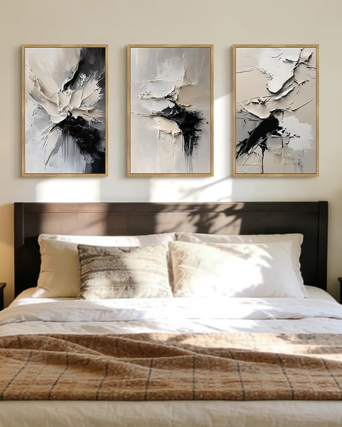 PHOPAGO Black Abstract Framed Wall Art Large 16x24in Minimalist Neutral Color Block Pastel Wall Decor Modern Brush Stroke Illustration Paints Home Decor - Natural Framed