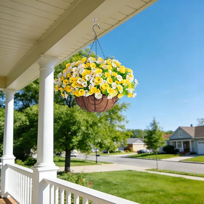 Ammyoo Artificial Hanging Flowers with Basket, Faux Silk Petunias Flower Arrangement, Coconut Lining with Morning Glories Fake Plants Patio Garden Porch Deck Fall Decor(Yellow and White)