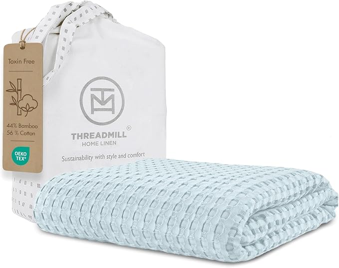 Threadmill Cooling Waffle Baby Blanket |Made from Rayon Derived from Bamboo|Breathable Swaddle Blankets for Newborns| 41 x 37 Inches|Ultra-Soft Baby Wrap for Boys & Girls|Registry Essential|Light Blue