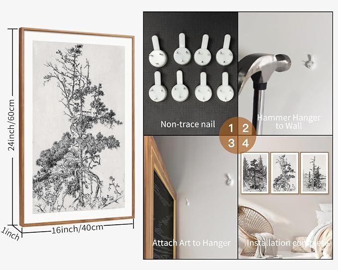 SIGNINART Vintage Tree Framed Wall Art Set , Black and White Antique Sketchbook Forest Painting, Wilderness Illustration Art Print , Retro Pine Tree Landscape Drawing Wall Decor for Living Room, Bedroom, Office (16"x24"x3)