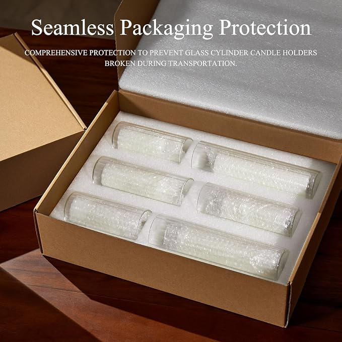 Set of 6 White Pillar Candles with Clear Glass Hurricane Holders- Elegant Cylinder Candle Vases for Weddings, Parties, Centerpieces, Home & Office Decor (White, 6 Set-Vase)