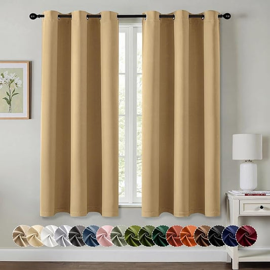 MIULEE Gold Blackout Curtains for Bedroom Living Room 45 Inches Long 2 Panels, Thermal Insulated Room Darkening Drapes Solid Grommet Noise Reduction Light Blocking Window Treatments 40x45 Inch