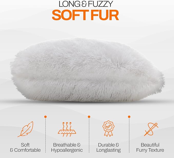 Cheer Collection Throw Pillows for Couch and Bed, Soft Shaggy Throw Pillows with Inserts Included, Cozy Long Hair Faux Fur Pillows - Set of 2-18" x 18" - White