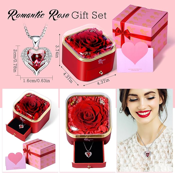 Valentines Day Gifts for Her - Preserved Real Blue Rose with Heart Necklace, Forever Flowers Gifts for Mom Grandma Wife Girlfriend at Christmas, Valentines, Mothers Day, Anniversary or Birthday Gifts for Women to Send Love