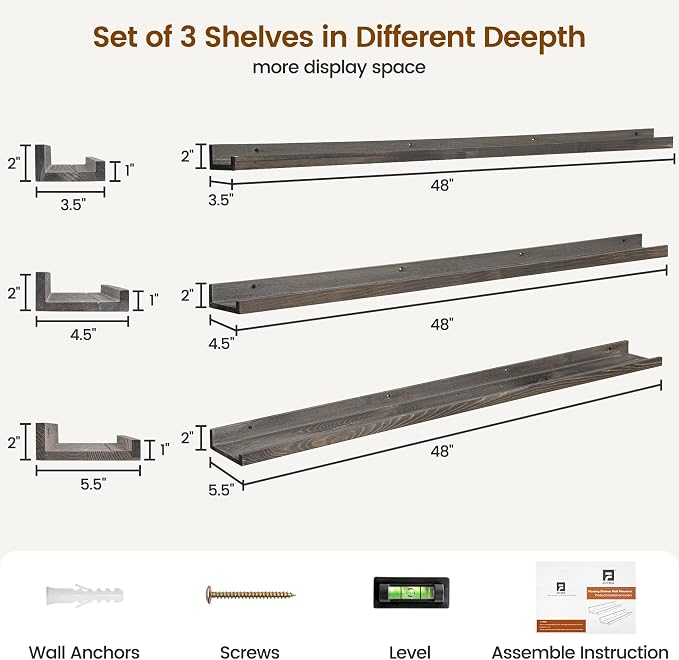 FLYJOE Picture Ledge Wall Shelves 48 Inches Width Set of 3, Solid Pine Wood Rustic Floating Ledge for Kids' Room Bedroom Kitchen Bathroom, Long Floating Shelves for Wall Decor, Grey