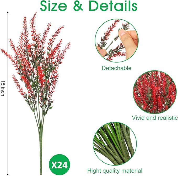Ouddy Decor 24 Bundles Artificial Lavender Fake Flowers Faux Plastic Plants for Home Wedding Kitchen Garden Patio Window Box Office Table Centerpieces Indoor Outdoor Decor, Red
