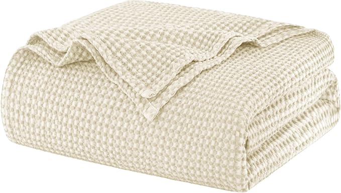 Talasily 100% Cotton Blanket Twin XL Size for Bed - Spring and Summer Cooling Lightweight & Breathable Bedding -Soft Waffle Weave Christmas Blanket, Machine Washable,Beige,66x90 Inches