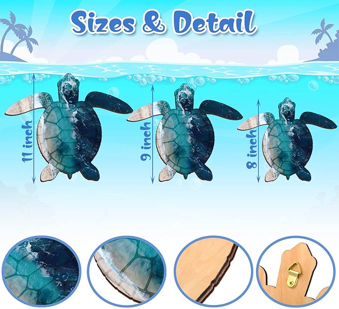 Bucherry 3 Sizes Wooden Sea Turtle Wall Decor Turtle Wall Art Beach Theme Art Decorations Vintage Coastal Ornaments for Pool Home Lake House Bathroom Garden Indoor Outdoor(Dark Blue)