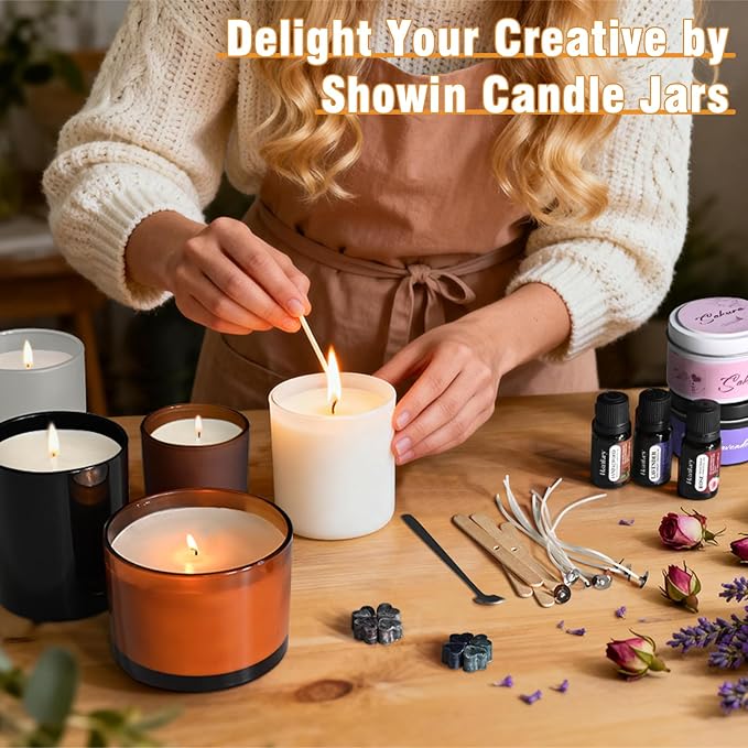 SHOWIN 8 OZ Thick Candle Jars for Making Candles 15 Pcs, Gray Empty Jars with Wood Lids for Candle Making, Sample Container,Clear Gray