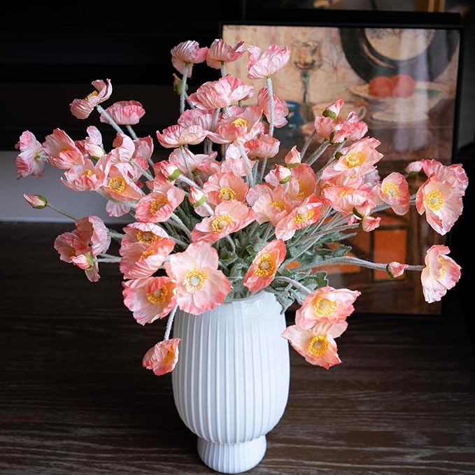 DUYONE Artificial Flowers 6 Stems Poppy Silk Bouquet,for Wedding, Home, Party Decoration,Table Centerpiece Arrangement(Orange Pink 6pcs)