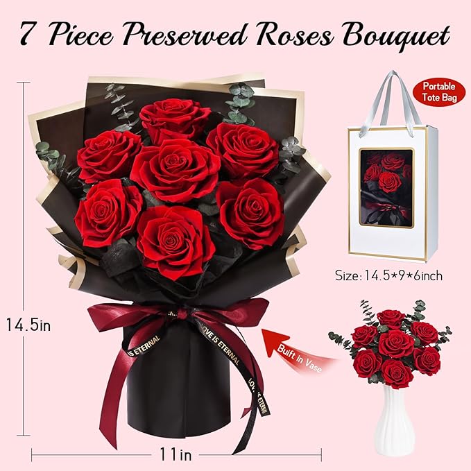Mothers Day Flowers for Mom, Mothers Day Gifts, Flowers for Delivery Prime 7 Roses Preserved Flowers Red Roses Bouquet Birthday Gifts for Women Gf Gifts Wedding Anniversary