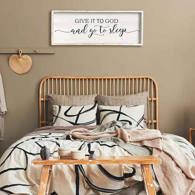 Give It To God And Go To Sleep Sign Wall Decor 32"X12" Master Bedroom Above Bed Large Farmhouse Wall Decor Wood Rustic Framed Over Bed Wall Art Hanging Decoration (White)