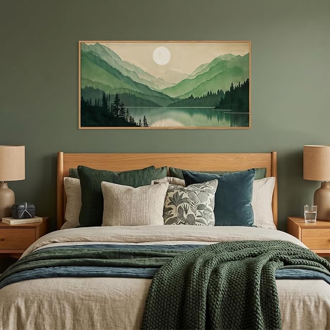 Watercolor Mountain Framed Canvas Wall Art Set, Boho Sun Forest Wall Decor, Green Scenery Wall Painting, Modern Woodland Artworks for Living Room, Bedroom, Dining Room, Office-20 x40x1