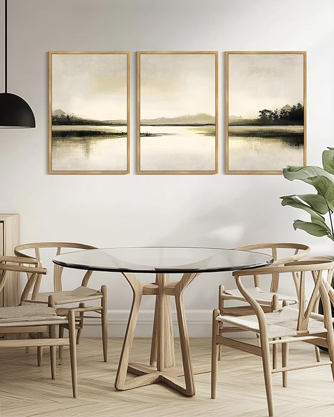 PHOPAGO Abstract Lake Landscape Framed Wall Art Huge 24x36in Watercolor Nature Wilderness Paints Nordic Neutral Tan Illustration Decorative - Natural Framed