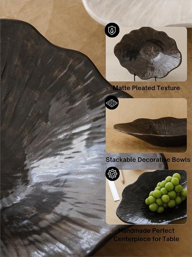 WENSHUO Stoneware Fruit Bowl for Kitchen Counter,Large Decorative Bowls for Home Decor,Handmade Perfect Centerpiece for Table, Island,or Counter,Ink Black Color Reactive Glaze 13.5" L × 10" W