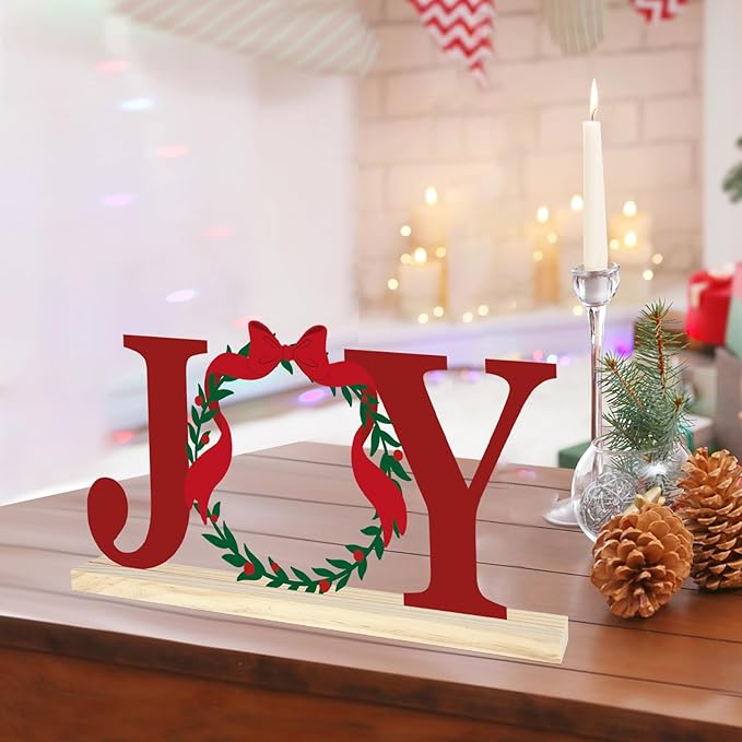 COCHIE Metal Merry Christmas Joy Sign, Christmas Wreath Table Centerpieces Decorations for Home, Office, Shelf, Mantel, Indoor, Xmas Red and Green Party Decor Supplies (XMAS B)