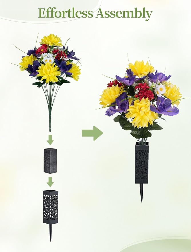Artificial Memorial Flowers for Cemetery: 2 Pcs Cemetery Flowers for Grave Decorations - Realistic Yellow Mums Purple Iris Bouquets with Vases for Gravisite Outdoor