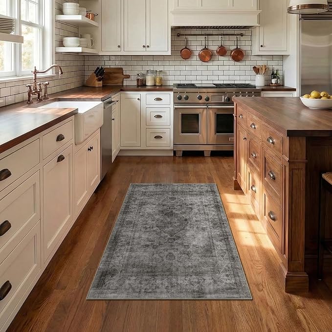 Homemate Washable Rug 4x6 Area Rugs - Vintage Faux Wool Rugs for Living Room Bedroom Dining Room - Non Slip Foldable Carpet Indoor Area Rug for Home Decor（4'x6', Black
