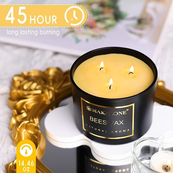 3 Wick Beeswax Jar Candle - 42 Hour Long Lasting Burn,Natural Air Purifying Candle,Non-Toxic,Smokeless Beeswax Candles in Glass Jar for Home Fragrance,Yoga Relaxation & Home Decor Ambience & Gift