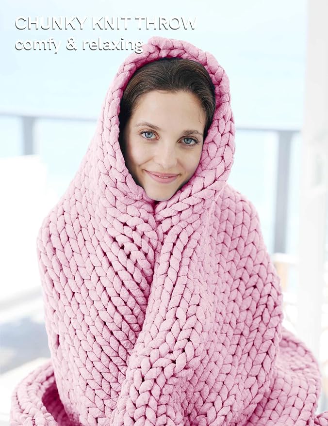 YnM Chunky Throw Blanket, Medium-Weight, Hand Knitted, Skin Friendly, Ventilated and Breathable, Machine Washable, Home Décor Piece for Couch, Sofa and Bed (Fancy Pink, 40x50 Inch)